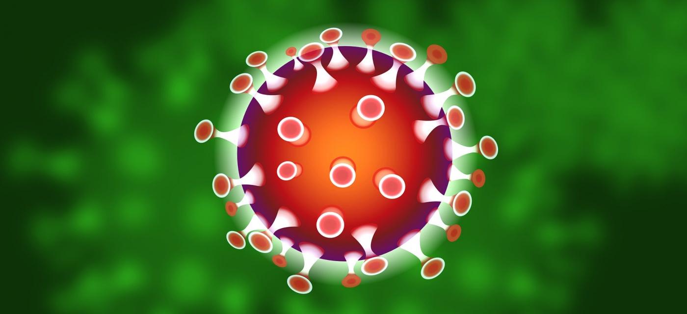 Bild av corona-virus mot grön bakgrund.