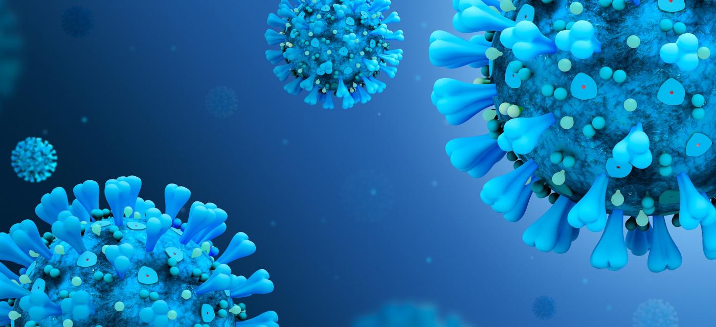 Blåa coronavirus som svävar mot blå bakgrund